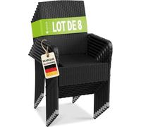 Juskys Ensemble de 8 chaises de Jardin Yoro en rotin avec accoudoirs et Dossier - 8 chaises empilables - Chaise en rotin pour Le Jardin - Chaise empilable Chaise de Balcon Noir
