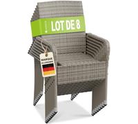 Juskys Ensemble de 8 chaises de Jardin Yoro en rotin avec accoudoirs et Dossier - 8 chaises empilables - Chaise en rotin pour Le Jardin - Chaise empilable Chaise de Balcon Gris chiné