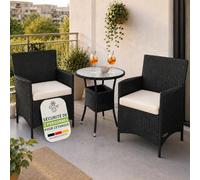 Juskys Ensemble de Balcon en rotin synthétique Bayamo 3 pièces - Meubles de Balcon résistant aux intempéries avec Table, 2 chaises et Coussins - Meubles de Jardin pour 2 Personnes - Noir/crème