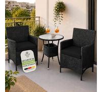 Juskys Ensemble de Balcon en rotin synthétique Bayamo pour 2 Personnes - Table avec Plateau en Verre et 2 chaises - Meubles de Balcon résistant aux intempéries - Coussins lavables - Noir - Gris