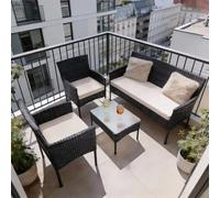 Juskys Ensemble de Meubles en polyrotin Fort Myers 4 Personnes avec canapé 2 Places, 2 chaises, Table et Coussins d'assise mobilier de Balcon - Rembourrage Noir et crème, Milieu