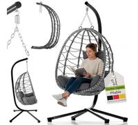 Juskys Fauteuil Suspendu Aria avec Coussin - réglable en Hauteur et Pliable - Balancelle en rotin synthétique pour l'extérieur et l'intérieur - Siège en Osier Gris foncé jusqu'à 130 kg