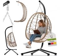 Juskys Fauteuil Suspendu Aria avec Coussin - réglable en Hauteur et Pliable - Balancelle en rotin synthétique pour l'extérieur et l'intérieur - Siège en Osier Beige jusqu'à 130 kg