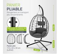 Juskys Fauteuil Suspendu Aria avec Coussin - réglable en Hauteur et Pliable - Balancelle en rotin synthétique pour l'extérieur et l'intérieur - Siège en Osier Gris foncé jusqu'à 130 kg