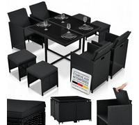 Juskys Groupe de sièges en polyrotin Baracoa L 9 pièces résistant aux intempéries et empilable - Ensemble de Salon de Jardin avec 4 chaises, 4 tabourets et Table pour Jardin - Noir, 8 Personnes