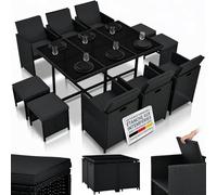 Juskys Groupe de sièges en polyrotin Baracoa XL 11 pièces résistant aux intempéries et empilable - Ensemble de mobilier de Jardin avec 6 chaises, 4 tabourets et Table - Noir, 10 Personnes