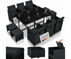 Juskys Groupe de sièges en polyrotin Baracoa XL 11 pièces résistant aux intempéries et empilable - Ensemble de mobilier de Jardin avec 6 chaises, 4 tabourets et Table - Noir, 10 Personnes