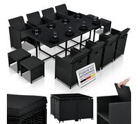 Juskys Groupe de sièges en polyrotin Baracoa XXL 13 pièces résistant aux intempéries et empilable - Ensemble de mobilier de Jardin avec 8 chaises, 4 tabourets et Table - Noir, 12 Personnes