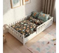 Juskys Lit au Sol Enfant Naya 140x200 cm avec Barrière de Sécurité et Sommier à Lattes, Lit à barreaux Montessori en Bois Massif Pin pour Enfants et Adolescent, Blanc