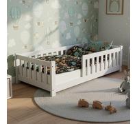 Juskys Lit au Sol Enfant Naya 80x160 cm avec Barrière de Sécurité et Sommier à Lattes, Lit à barreaux Montessori en Bois Massif Pin pour Enfants, Blanc