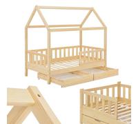 Juskys Lit cabane Enfant Marli 80x160 cm avec 2 tiroirs, Protection antichute, sommier à Lattes et Toit, Lit Maison Montessori en Bois Massif, Nature