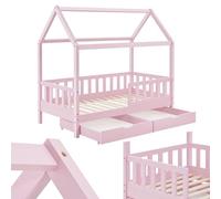 Juskys Lit cabane Enfant Marli 80x160 cm avec 2 tiroirs, Protection antichute, sommier à Lattes et Toit, Lit Maison Montessori en Bois Massif, Rose