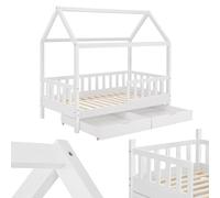 Juskys Lit cabane Enfant Marli 80x160 cm avec 2 tiroirs, Protection antichute, sommier à Lattes et Toit, Lit Maison Montessori en Bois Massif, Blanc