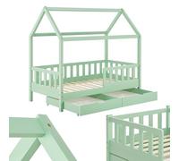 Juskys Lit cabane Enfant Marli 80x160 cm avec 2 tiroirs, Protection antichute, sommier à Lattes et Toit, Lit Maison Montessori en Bois Massif, Menthe