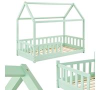 Juskys Lit cabane Enfant Marli 80x160 cm avec Protection antichute, sommier à Lattes et Toit, Lit Maison Montessori en Bois Massif, Menthe
