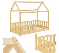 Juskys Lit cabane Enfant Marli 80x160 cm avec Protection antichute, sommier à Lattes et Toit, Lit Maison Montessori en Bois Massif, Nature