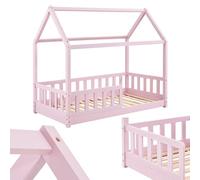 Juskys Lit cabane Enfant Marli 80x160 cm avec Protection antichute, sommier à Lattes et Toit, Lit Maison Montessori en Bois Massif, Rose