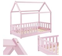 Juskys Lit Cabane Enfant Marli 80x160 cm, Bois Massif avec Protection Antichute, Sommier à Lattes et Toit, Rose