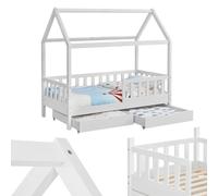 Juskys Lit cabane Enfant Marli 90x200 cm avec 2 tiroirs, Protection antichute, sommier à Lattes et Toit, Lit Maison Montessori en Bois Massif, Blanc
