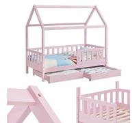 Juskys Lit cabane Enfant Marli 90x200 cm avec 2 tiroirs, Protection antichute, sommier à Lattes et Toit, Lit Maison Montessori en Bois Massif, Rose