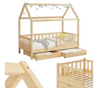 Juskys Lit cabane Enfant Marli 90x200 cm avec 2 tiroirs, Protection antichute, sommier à Lattes et Toit, Lit Maison Montessori en Bois Massif, Nature