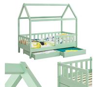 Juskys Lit cabane Enfant Marli 90x200 cm avec 2 tiroirs, Protection antichute, sommier à Lattes et Toit, Lit Maison Montessori en Bois Massif, Menthe