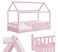 Juskys Lit cabane Enfant Marli 90x200 cm avec Protection antichute, sommier à Lattes et Toit, Lit Maison Montessori en Bois Massif, Rose