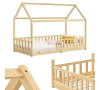 Juskys Lit cabane Enfant Marli 90x200 cm avec Protection antichute, sommier à Lattes et Toit, Lit Maison Montessori en Bois Massif, Nature