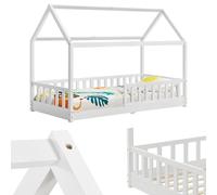 Juskys Lit cabane Enfant Marli 90x200 cm avec Protection antichute, sommier à Lattes et Toit, Lit Maison Montessori en Bois Massif, Blanc
