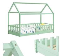 Juskys Lit cabane Enfant Marli 90x200 cm avec Protection antichute, sommier à Lattes et Toit, Lit Maison Montessori en Bois Massif, Menthe