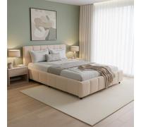 Juskys lit capitonné Florenz 140 x 200 cm - en Tissu bouclé, lit Moderne avec tête & Pied, Cadre en Bois & métal, sommier à Lattes, capacité 500 kg - Beige
