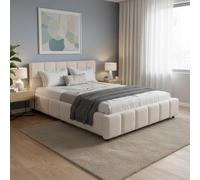 Juskys lit capitonné Florenz 140 x 200 cm - en Tissu bouclé, lit Moderne avec tête & Pied, Cadre en Bois & métal, sommier à Lattes, capacité 500 kg - Crème