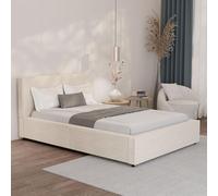 Juskys lit capitonné Salerno 140 x 200 cm - Velours côtelé Beige, lit Moderne avec tête & Pied, Cadre en Bois & métal, sommier à Lattes, capacité 500 kg