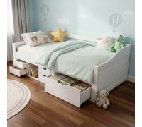 Juskys Lit Enfant Nalu 90x200 avec Tiroirs et Sommier á Lattes, Lit Simple en Bois pin Massif avec Rangement pour Fille et Garcon, Blanc