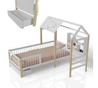 Juskys Lit Enfant Yari 90x200 cm - lit Simple avec Bureau et tiroir, en Bois de pin et matériaux durables, Design ludique en Forme de maisonnette - Blanc/Naturel.