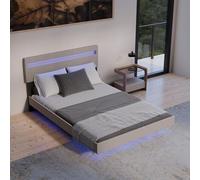 Juskys Lit Flottant Lissabon 140x200 cm avec LED, sommier à Lattes & Dossier - Lit rembourré en Lin & Bois - Beige