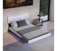 Juskys Lit Flottant Lissabon 140x200 cm avec LED, sommier à Lattes & Dossier - Lit rembourré en Simili Cuir & Bois - Blanc