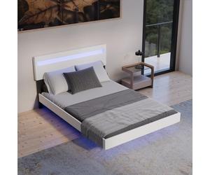Juskys Lit Flottant Lissabon 140x200 cm avec LED, sommier à Lattes & Dossier - Lit rembourré en Simili Cuir & Bois - Blanc