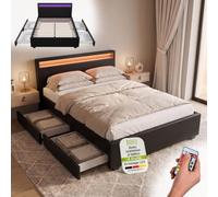 Juskys Lit rembourré Lyon 140x200 cm avec Coffre, LED, sommier à Lattes et tête de lit, Simili Cuir, Cadre de lit pour Adulte et ado, 1 Personne, Noir