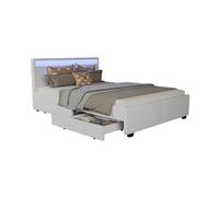 Juskys Lit rembourré Lyon 140x200 cm avec Coffre, LED, sommier à Lattes et tête de lit, Simili Cuir, Cadre de lit pour Adulte et ado, 1 Personne, Blanc