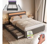 Juskys Lit rembourré Lyon 140x200 cm avec Coffre, LED, sommier à Lattes et tête de lit, Simili Cuir, Cadre de lit pour Adulte et ado, 1 Personne, Gris