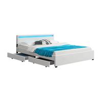 Juskys Lit rembourré Lyon 180x200 cm avec Coffre, LED, sommier à Lattes et tête de lit, Simili Cuir, Cadre de lit pour Adulte et ado, 2 Personnes, Blanc
