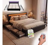 Juskys Lit rembourré Lyon 180x200 cm avec Coffre, LED, sommier à Lattes et tête de lit, Simili Cuir, Cadre de lit pour Adulte et ado, 2 Personnes, Noir