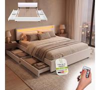 Juskys Lit rembourré Lyon 180x200 cm avec Coffre, LED, sommier à Lattes et tête de lit, Simili Cuir, Cadre de lit pour Adulte et ado, 2 Personnes, Blanc