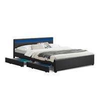 Juskys Lit rembourré Lyon 180x200 cm avec Coffre, LED, sommier à Lattes et tête de lit, Simili Cuir, Cadre de lit pour Adulte et ado, 2 Personnes, Noir