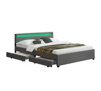 Juskys Lit rembourré Lyon 180x200 cm avec Coffre, LED, sommier à Lattes et tête de lit, Simili Cuir, Cadre de lit pour Adulte et ado, 2 Personnes, Gris