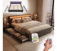 Juskys Lit rembourré Lyon 180x200 cm avec Coffre, LED, sommier à Lattes et tête de lit, Simili Cuir, Cadre de lit pour Adulte et ado, 2 Personnes, Gris
