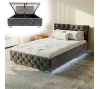 Juskys lit rembourré Nizza 120x200 cm avec sommier à Lattes, Coffre et éclairage LED, Cadre de lit avec Housse en Velours et surpiqûre Chesterfield, Gris