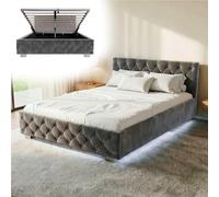 Juskys lit rembourré Nizza 140x200 cm avec sommier à Lattes, Coffre et éclairage LED, Cadre de lit avec Housse en Velours et surpiqûre Chesterfield, Gris