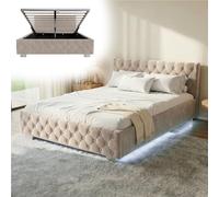 Juskys lit rembourré Nizza 140x200 cm avec sommier à Lattes, Coffre et éclairage LED, Cadre de lit avec Housse en Velours et surpiqûre Chesterfield, Beige